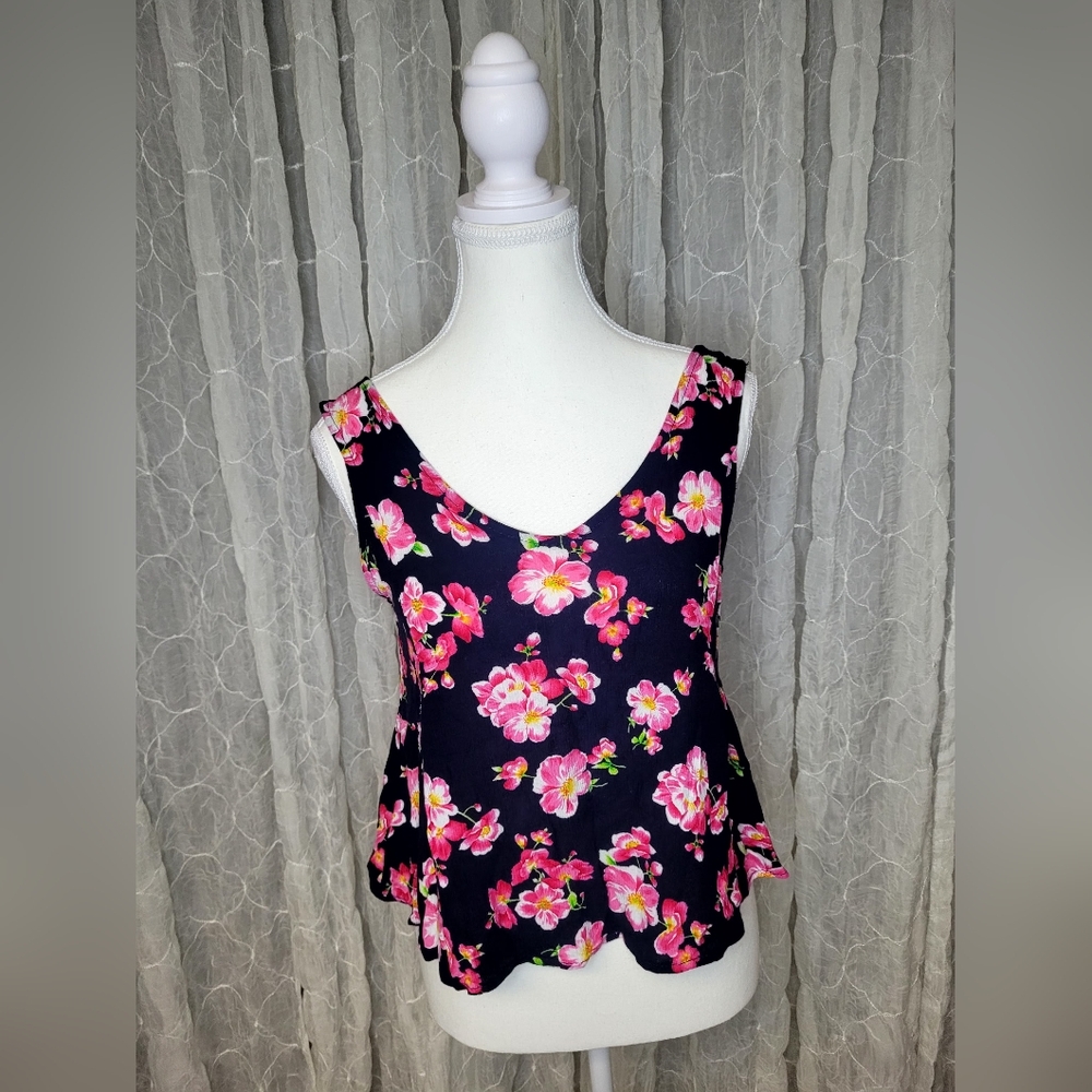 Peach Royal Navy Pink Floral Low Back Crop Peplum Tank Top Size S